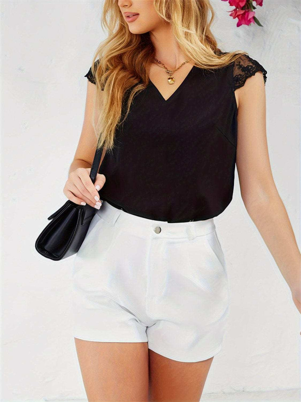 Lace Detail V-Neck Cap Sleeve T-Shirt - Trendsi - Flyclothing LLC