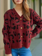 Leopard V-Neck Button Up Cardigan - Trendsi