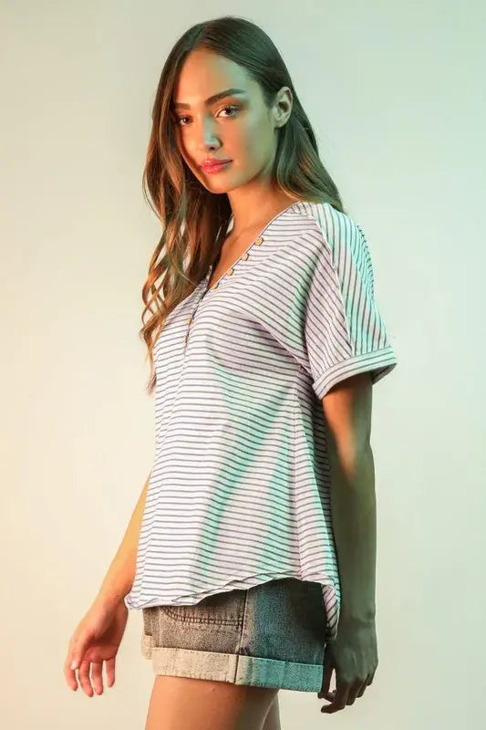 VERY J Striped V-Neck Short Sleeve T-Shirt - Trendsi - Flyclothing LLC