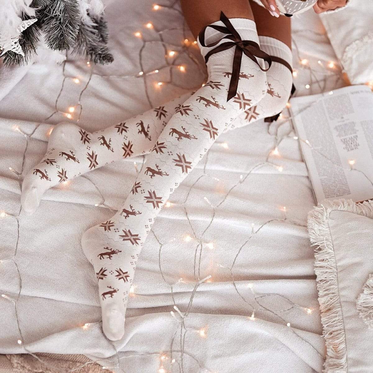 Christmas Element Bowknot Ribbed Trim Over Knee Stockings - Trendsi - Flyclothing LLC