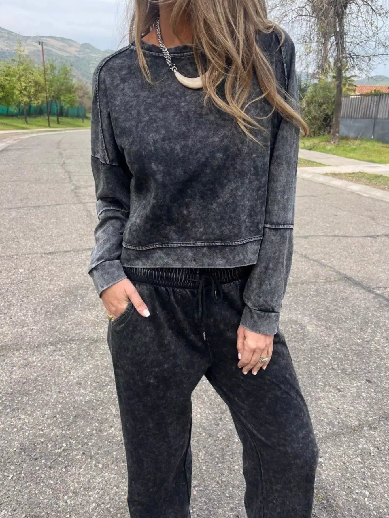 Full Size Washed Round Neck Top and Drawstring Pants Set Plus Size - Trendsi - Flyclothing LLC