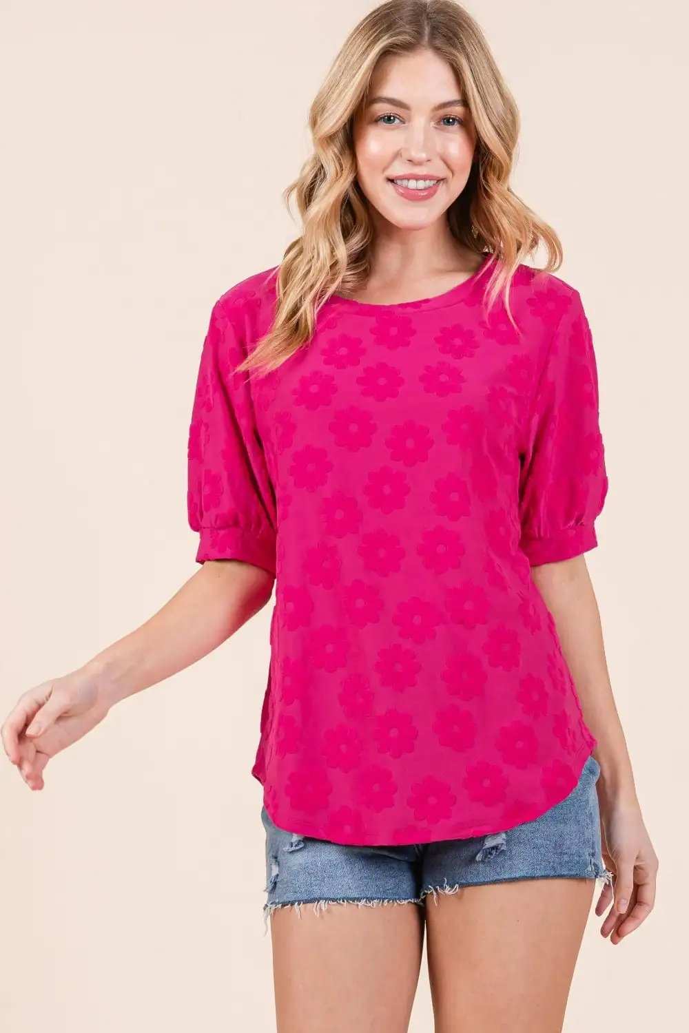 BOMBOM Textured Floral Pattern Top - Trendsi - Flyclothing LLC