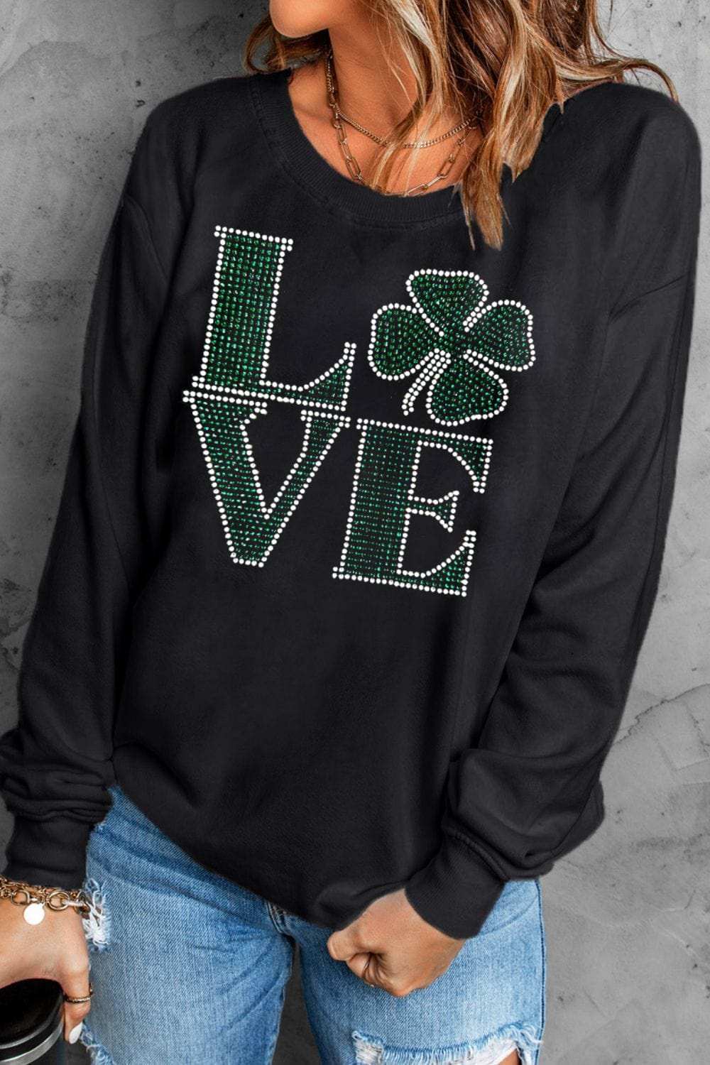 LOVE Rhinestone Clover Round Neck Sweatshirt - Trendsi - Flyclothing LLC