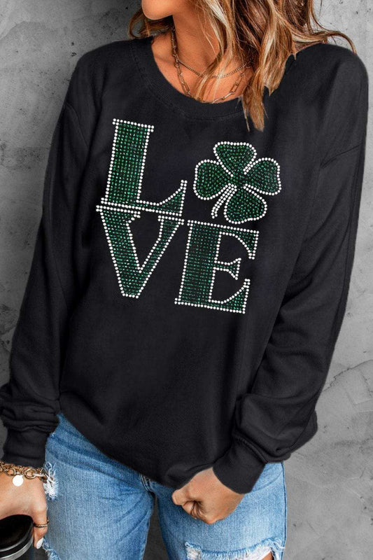 LOVE Rhinestone Clover Round Neck Sweatshirt - Trendsi - Flyclothing LLC