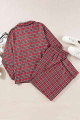Plus Size Plaid Collared Neck Top and Pants Lounge Set - Trendsi - Flyclothing LLC