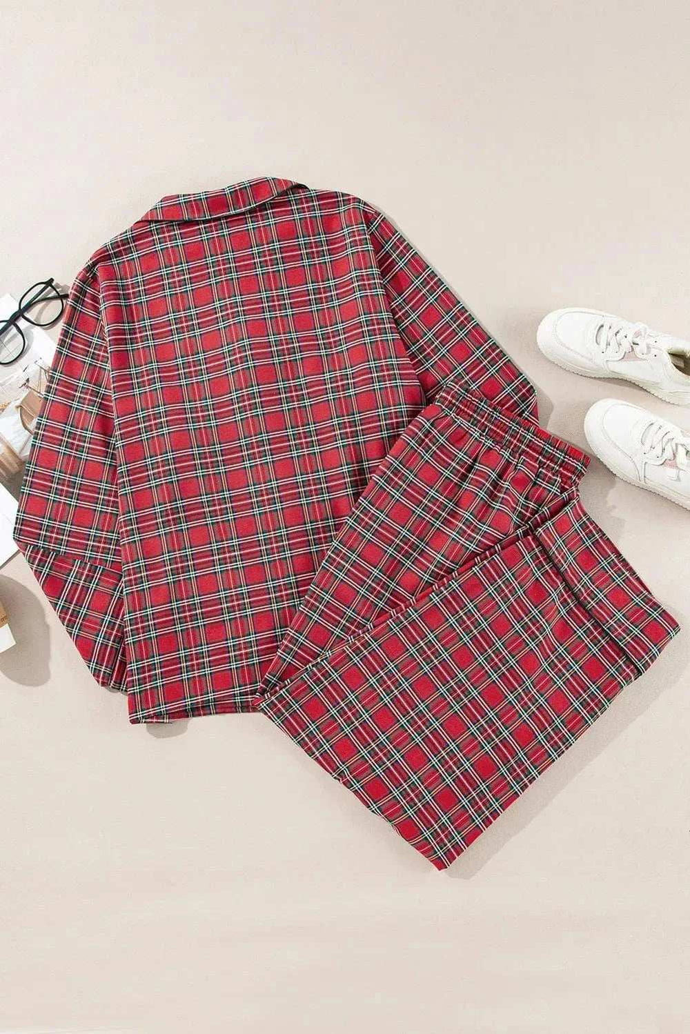 Plus Size Plaid Collared Neck Top and Pants Lounge Set - Trendsi - Flyclothing LLC