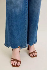 Judy Blue Full Size High Waist Tummy Control Chew Hem Destroy Wide Jeans Plus Size - Trendsi - Flyclothing LLC