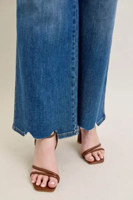 Judy Blue Full Size High Waist Tummy Control Chew Hem Destroy Wide Jeans Plus Size - Trendsi - Flyclothing LLC