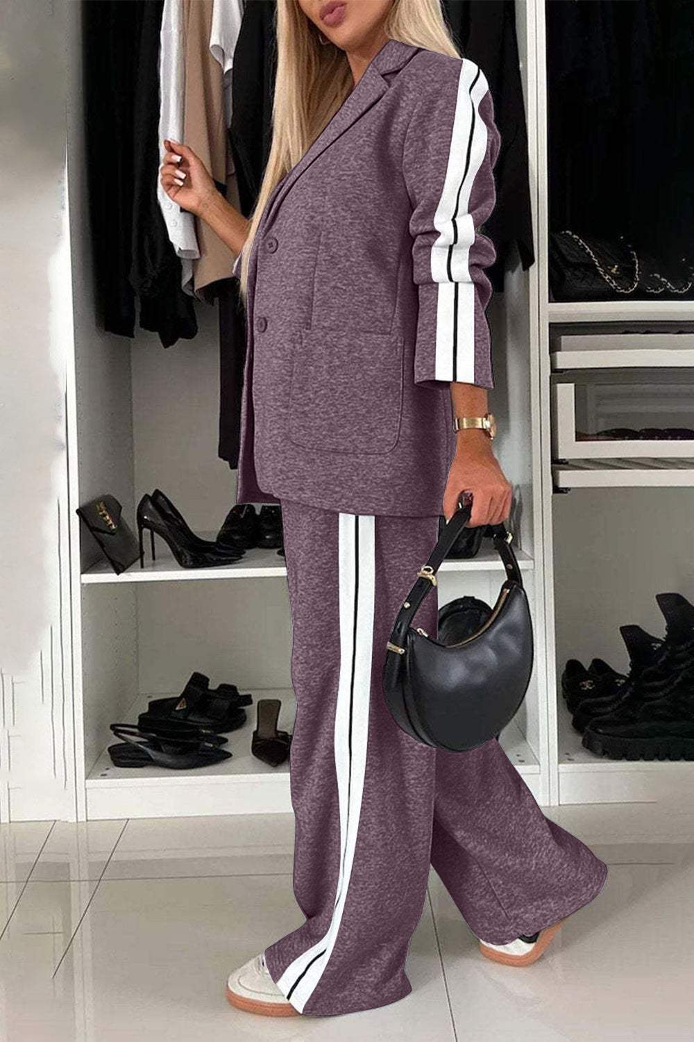 Full Size Contrast Lapel Collar Top and Pants Set - Trendsi - Flyclothing LLC