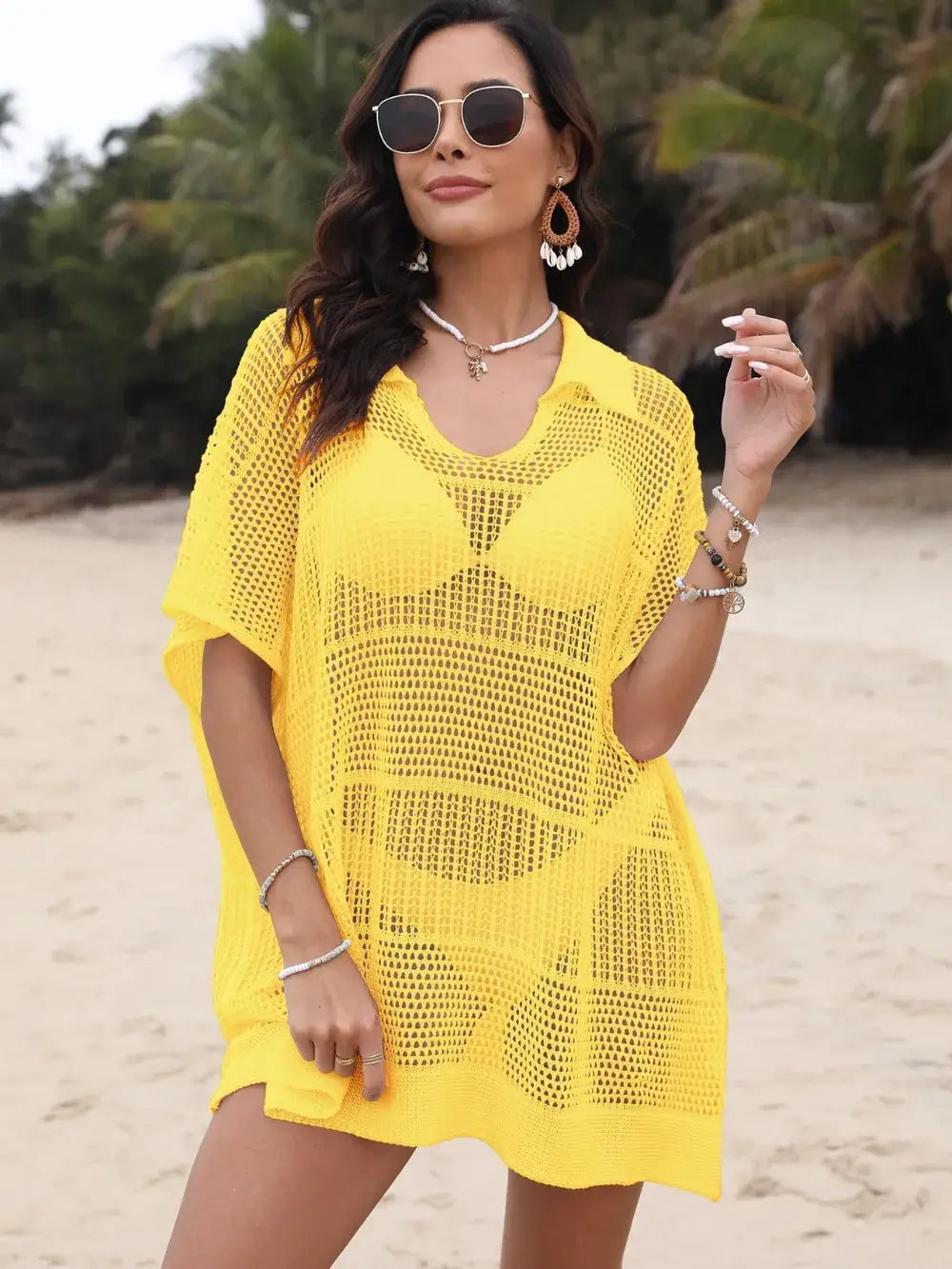Hollow Out Collared Neck Cover-Up - Trendsi - Flyclothing LLC