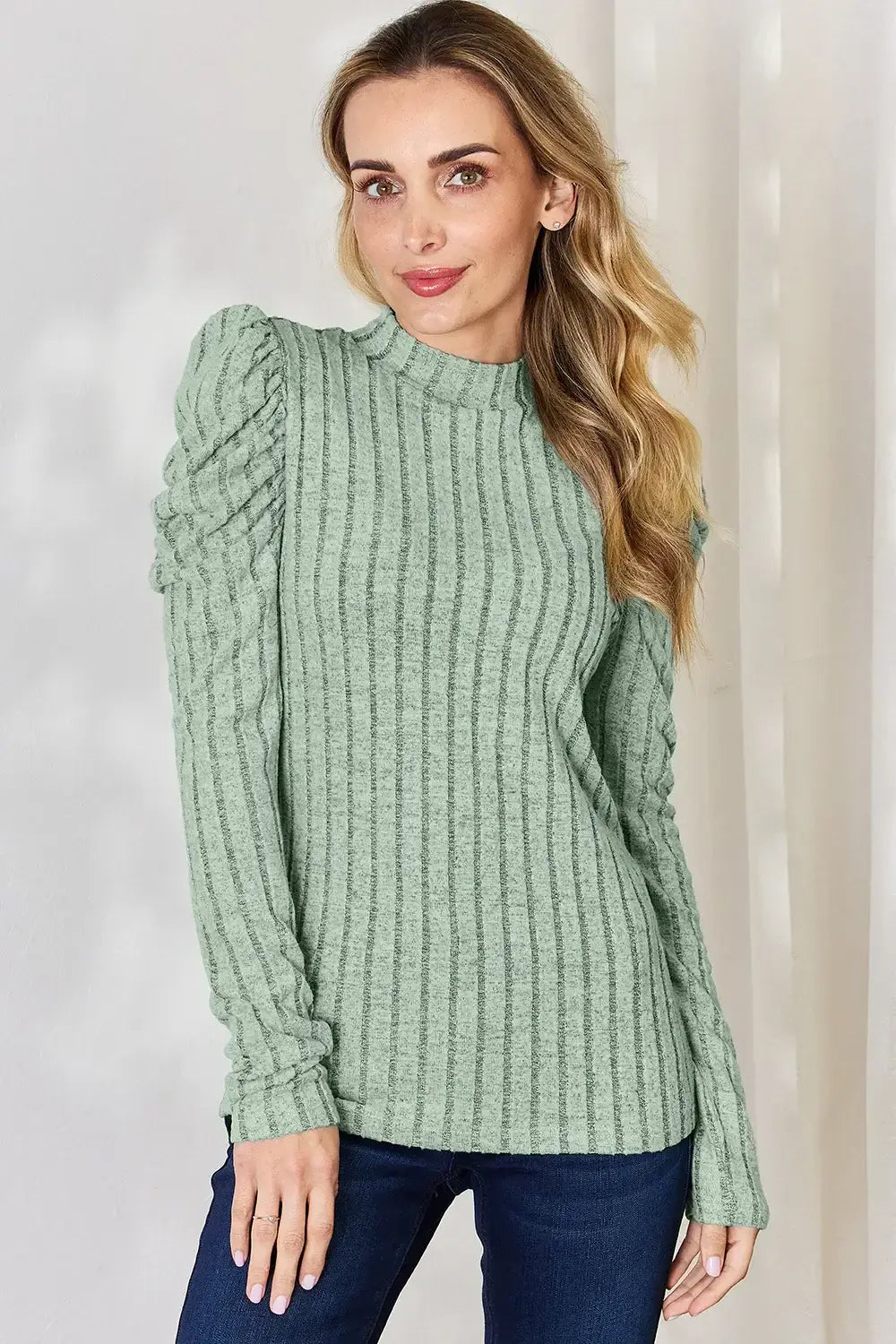 Basic Bae Full Size Ribbed Mock Neck Puff Sleeve T-Shirt - ShopBasicbae - Flyclothing LLC