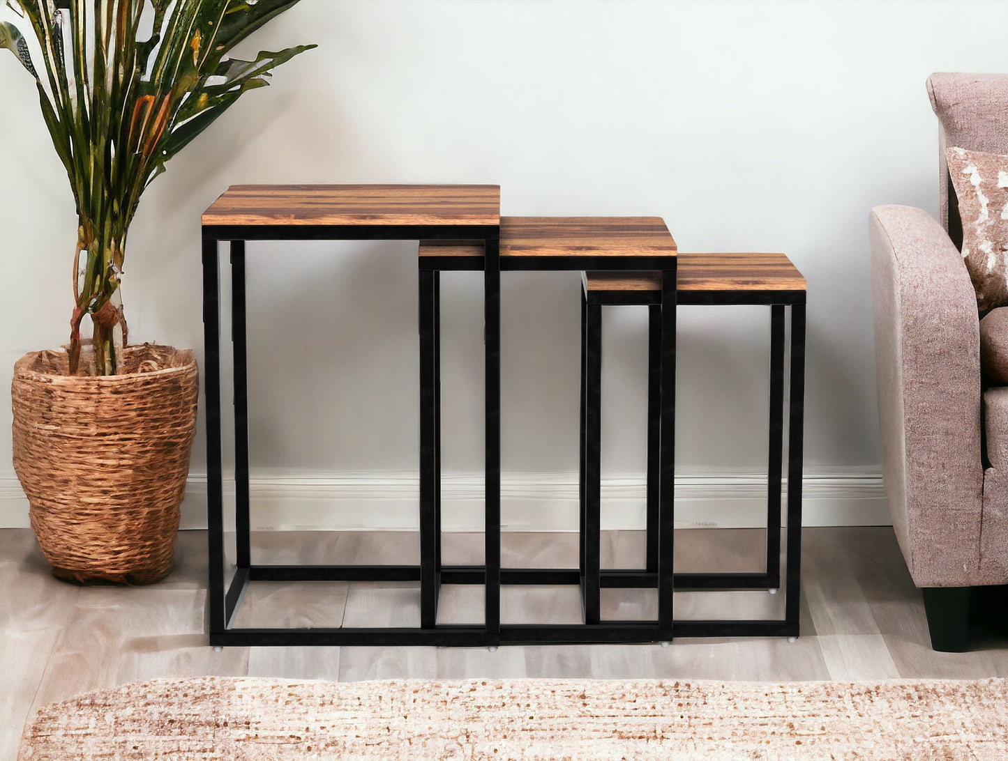 Set of Three 17" Black And Brown Solid Wood Nested Tables - Homeroots - Flyclothing LLC
