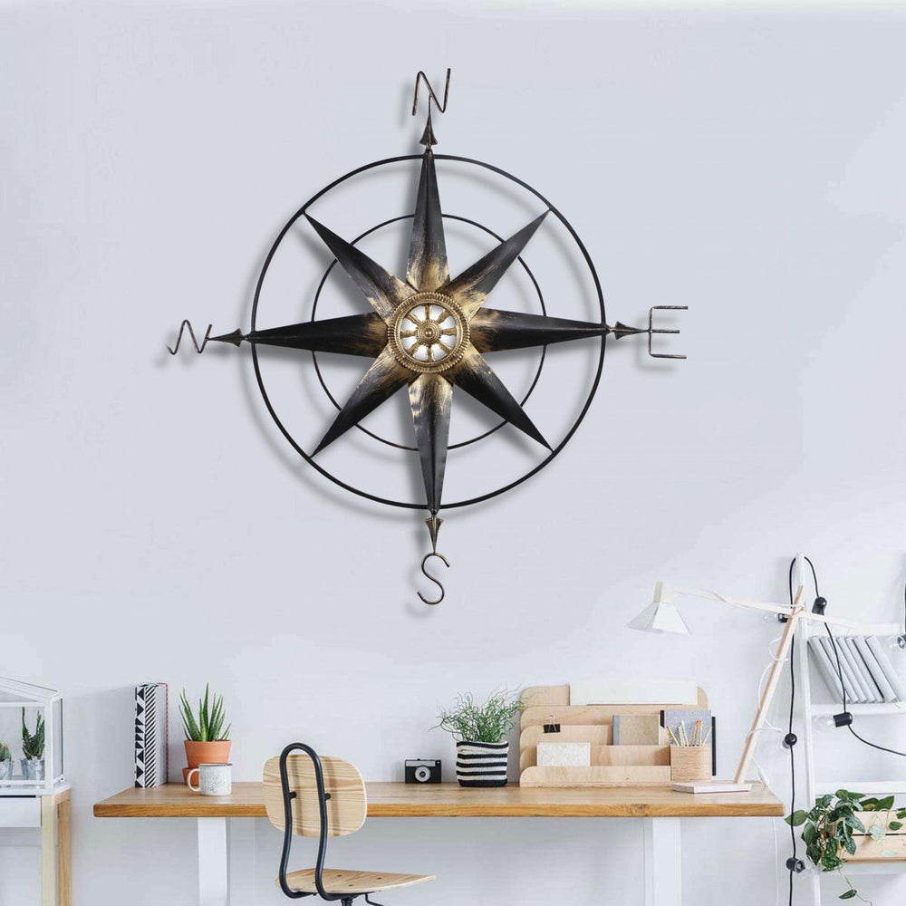 39" Black Rustic Compass Metal Wall Decor - Homeroots - Flyclothing LLC