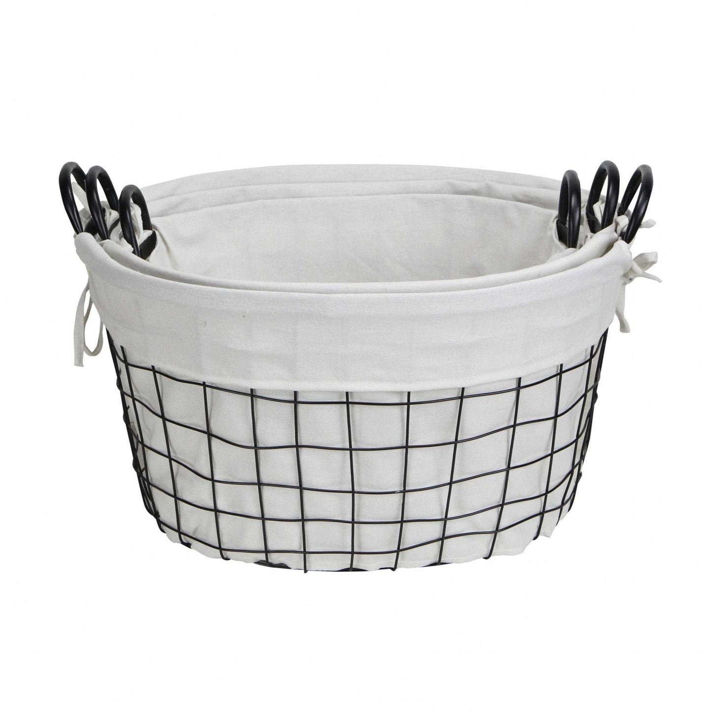 Set Of Three Black Oval Wire Baskets with White Fabric Liners and Handles - Homeroots - Flyclothing LLC