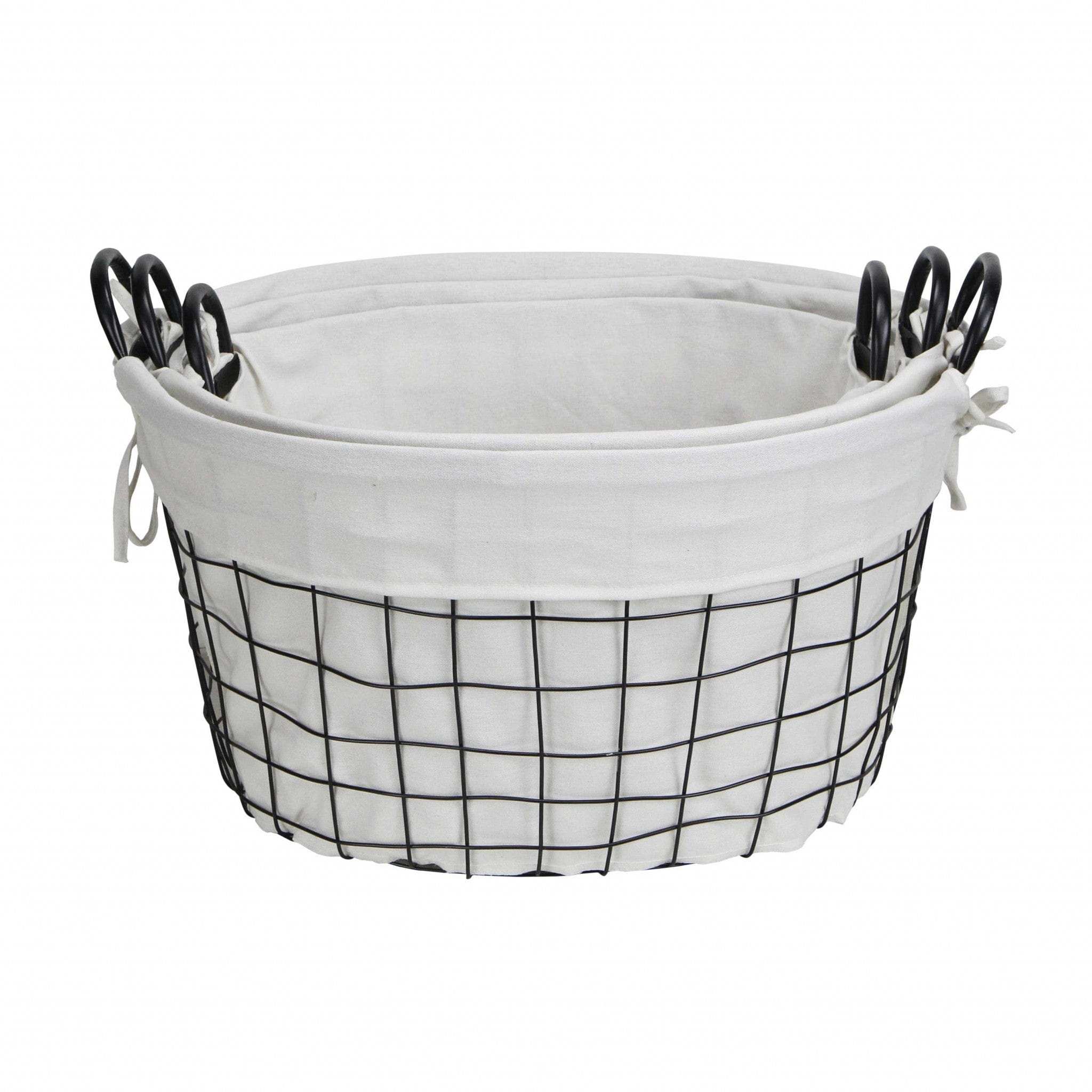 Set Of Three Black Oval Wire Baskets with White Fabric Liners and Handles - Homeroots - Flyclothing LLC