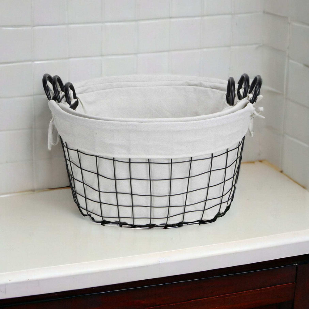 Set Of Three Black Oval Wire Baskets with White Fabric Liners and Handles - Homeroots - Flyclothing LLC