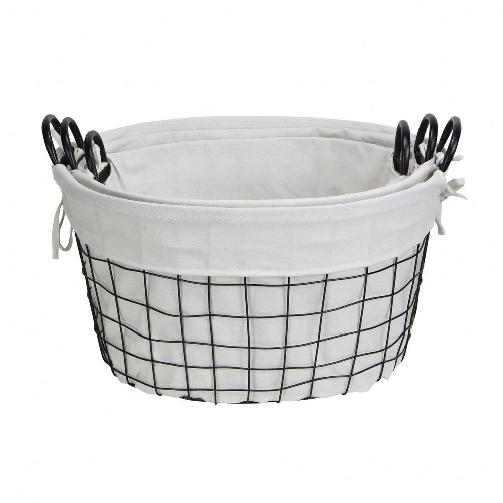 Set Of Three Black Oval Wire Baskets with White Fabric Liners and Handles - Homeroots