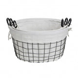 Set Of Three Black Oval Wire Baskets with White Fabric Liners and Handles - Homeroots
