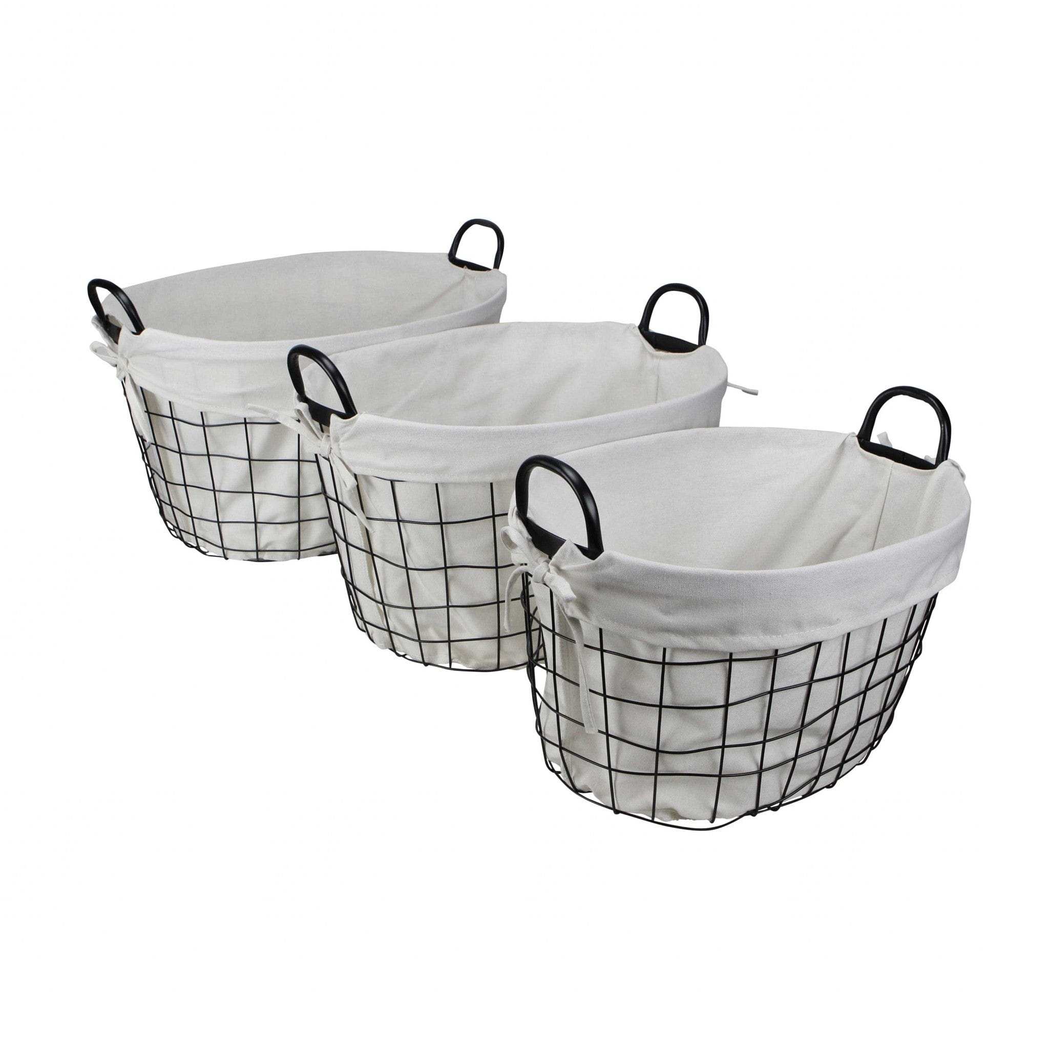 Set Of Three Black Oval Wire Baskets with White Fabric Liners and Handles - Homeroots - Flyclothing LLC
