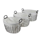 Set Of Three Black Oval Wire Baskets with White Fabric Liners and Handles - Homeroots - Flyclothing LLC