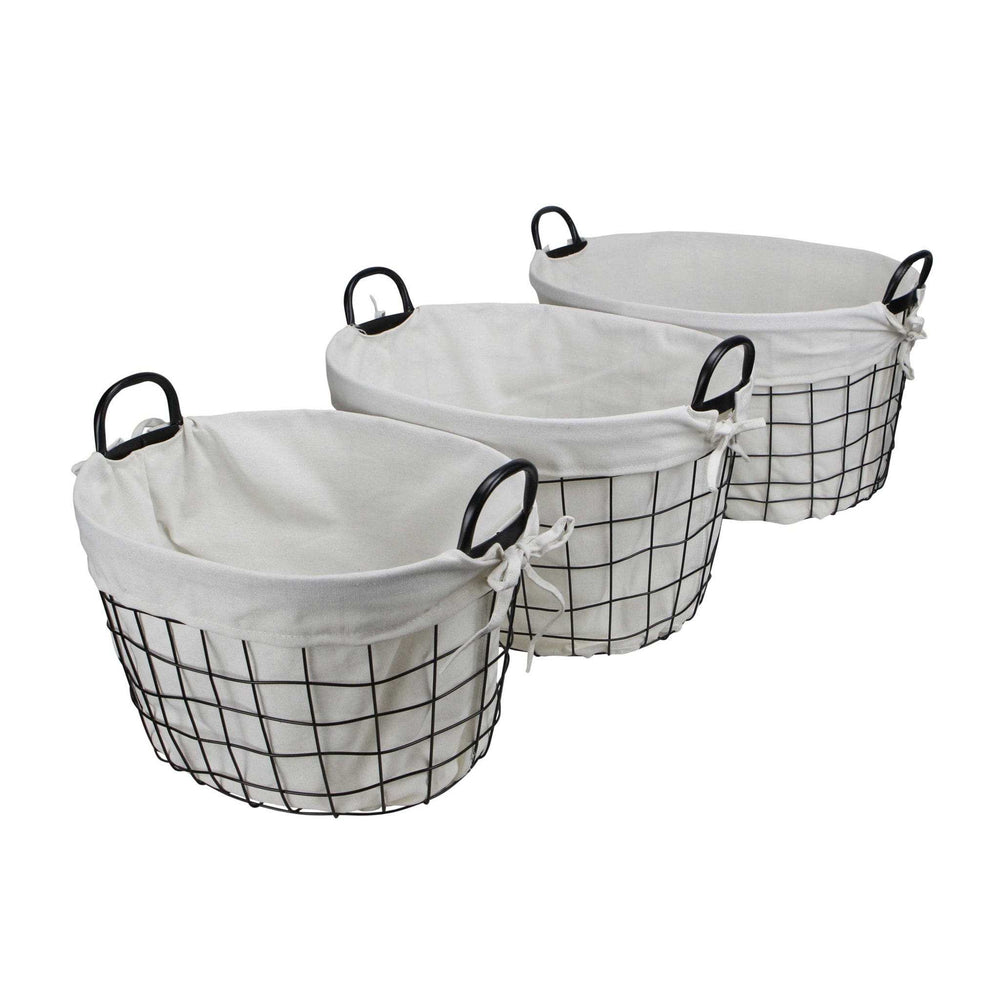 Set Of Three Black Oval Wire Baskets with White Fabric Liners and Handles - Homeroots - Flyclothing LLC