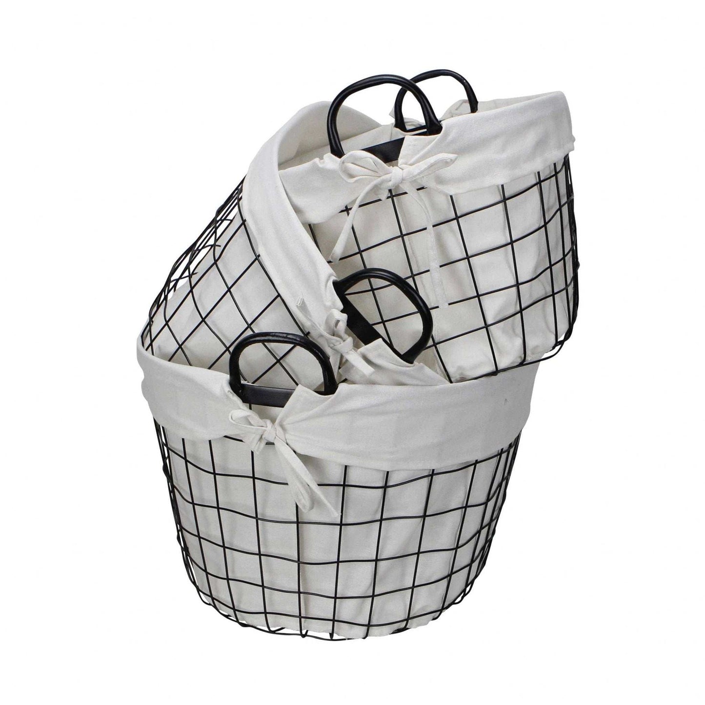 Set Of Three Black Oval Wire Baskets with White Fabric Liners and Handles - Homeroots - Flyclothing LLC
