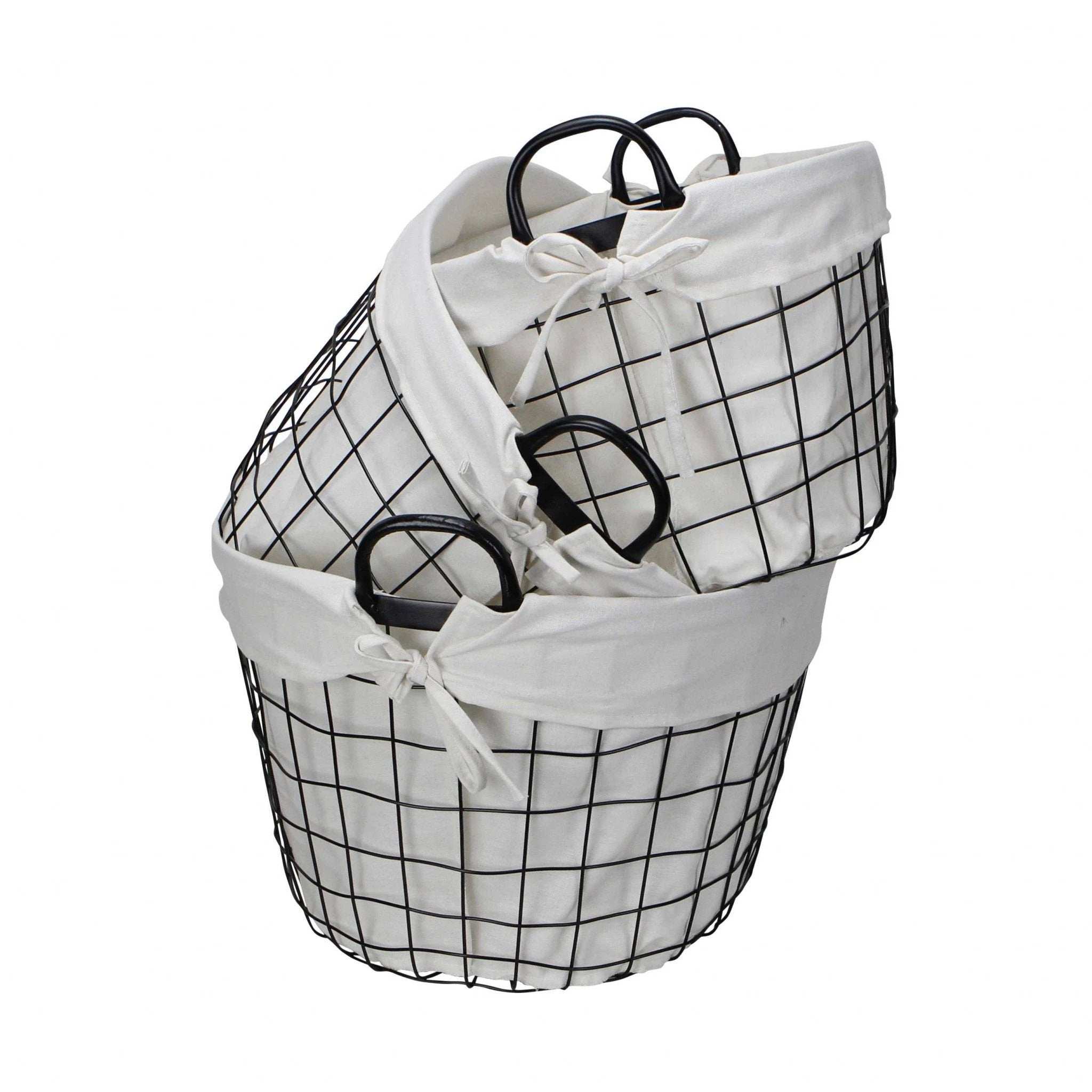 Set Of Three Black Oval Wire Baskets with White Fabric Liners and Handles - Homeroots - Flyclothing LLC