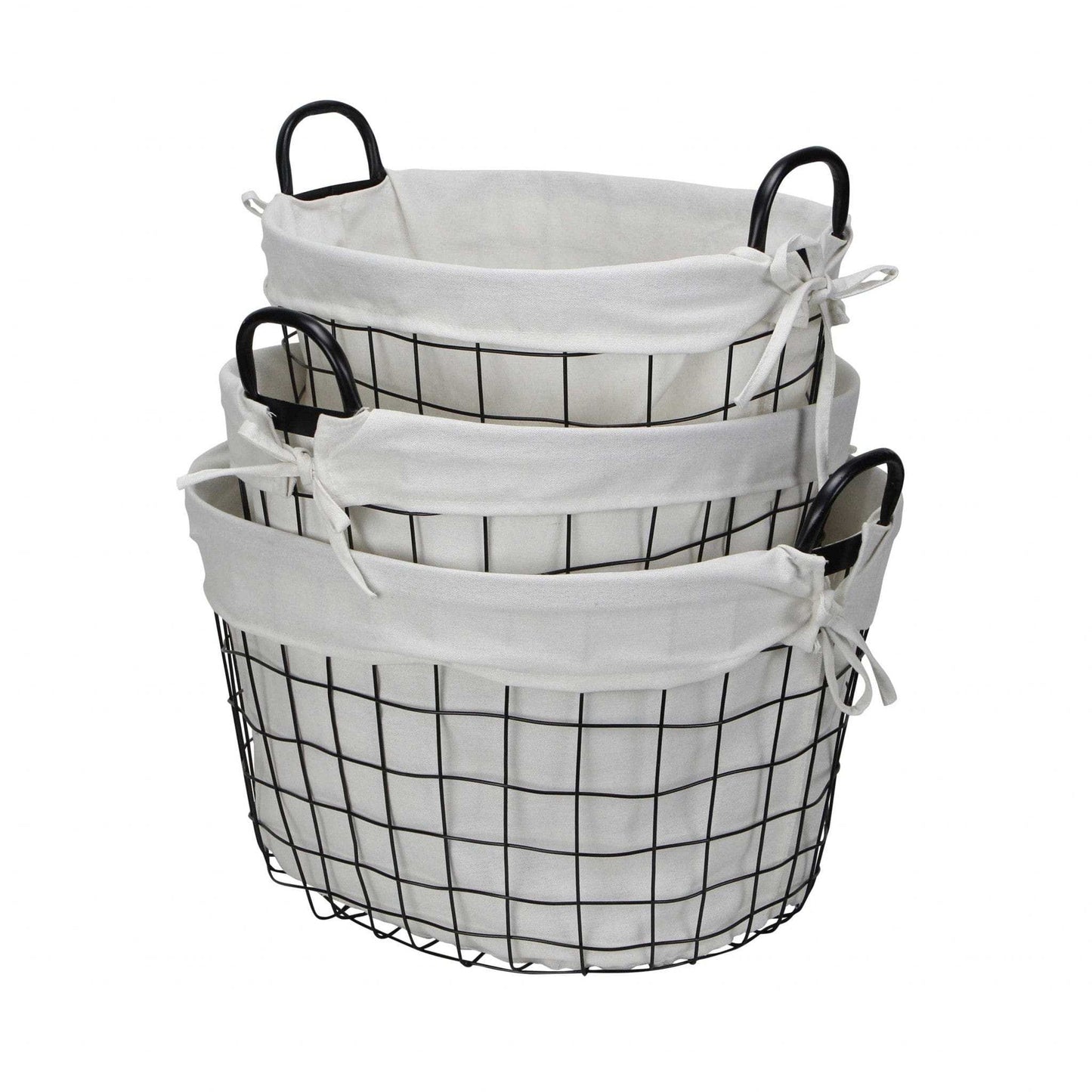 Set Of Three Black Oval Wire Baskets with White Fabric Liners and Handles - Homeroots - Flyclothing LLC