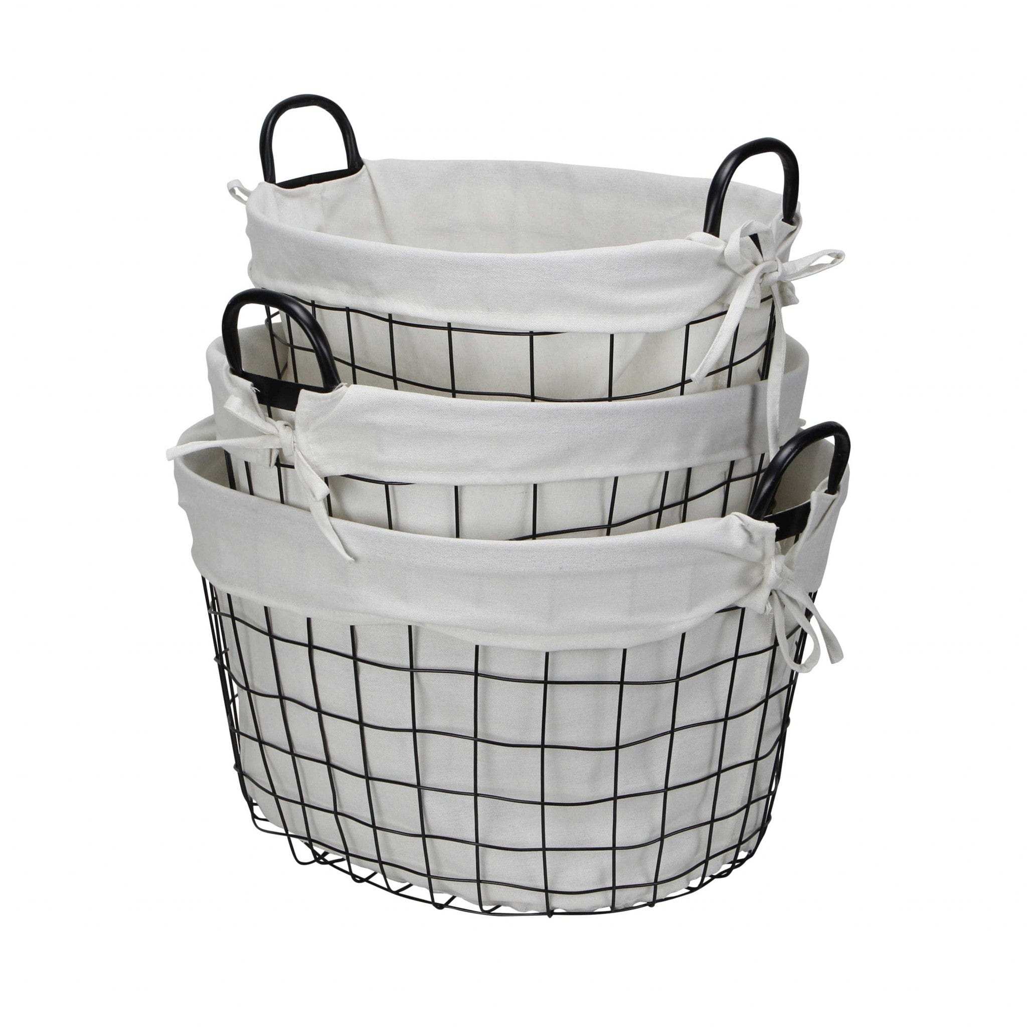 Set Of Three Black Oval Wire Baskets with White Fabric Liners and Handles - Homeroots - Flyclothing LLC