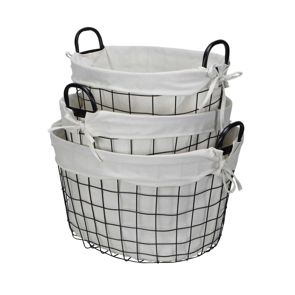 Set Of Three Black Oval Wire Baskets with White Fabric Liners and Handles - Homeroots - Flyclothing LLC
