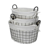 Set Of Three Black Oval Wire Baskets with White Fabric Liners and Handles - Homeroots - Flyclothing LLC