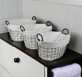 Set Of Three Black Oval Wire Baskets with White Fabric Liners and Handles - Homeroots