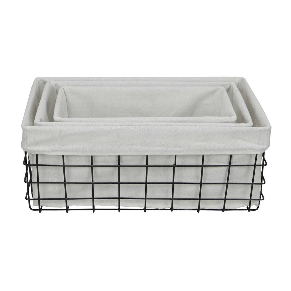 Set Of 3 Rectangular White Lined And Metal Wire Baskets - Homeroots