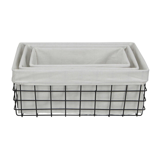 Set Of 3 Rectangular White Lined And Metal Wire Baskets - Homeroots