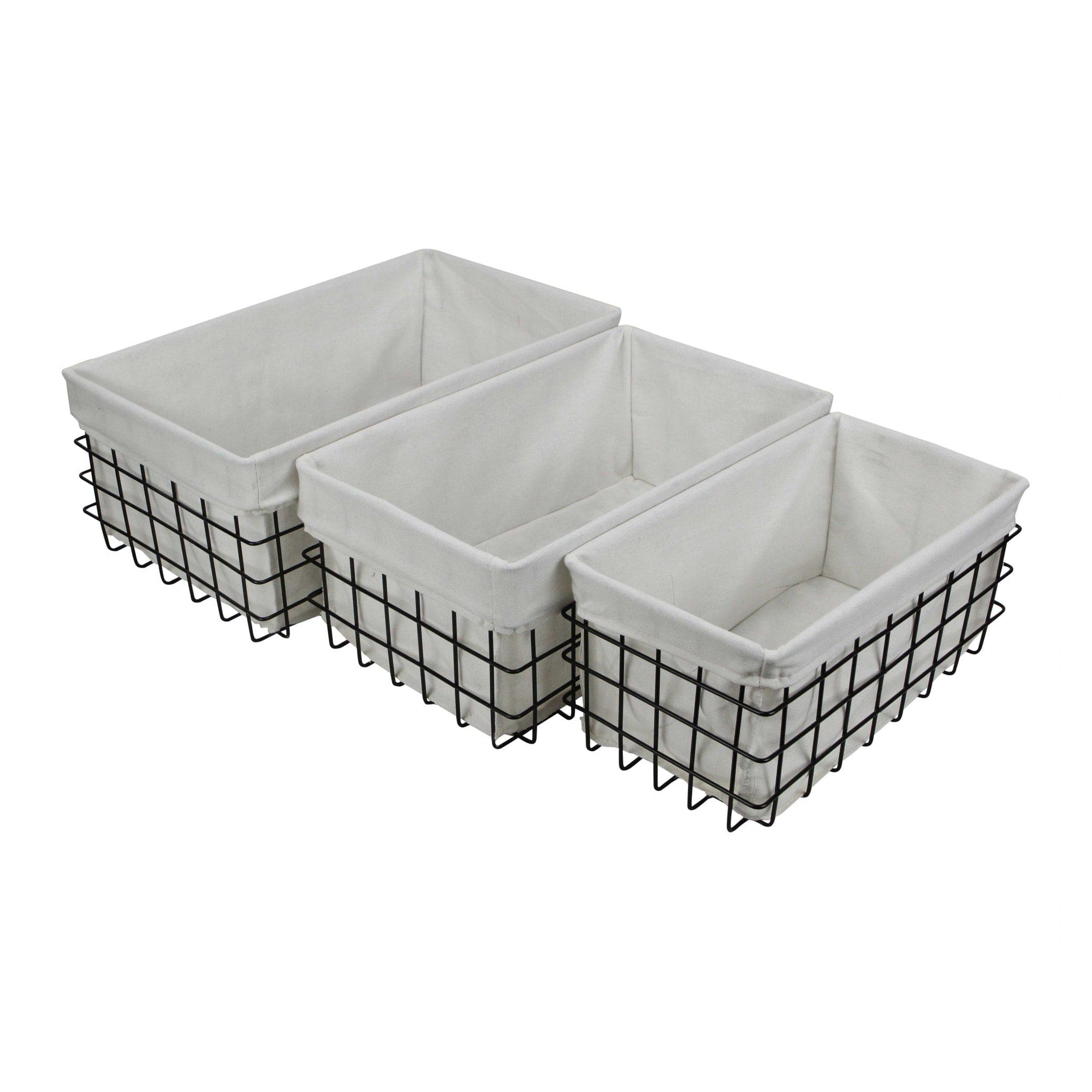 Set Of 3 Rectangular White Lined And Metal Wire Baskets - Homeroots
