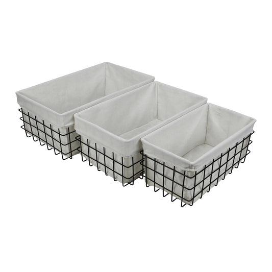 Set Of 3 Rectangular White Lined And Metal Wire Baskets - Homeroots