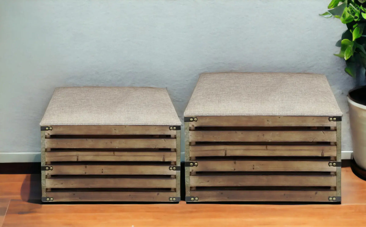 Set of Two Brown Wood Slat and Upholstery Storage Benches With Flip To ...