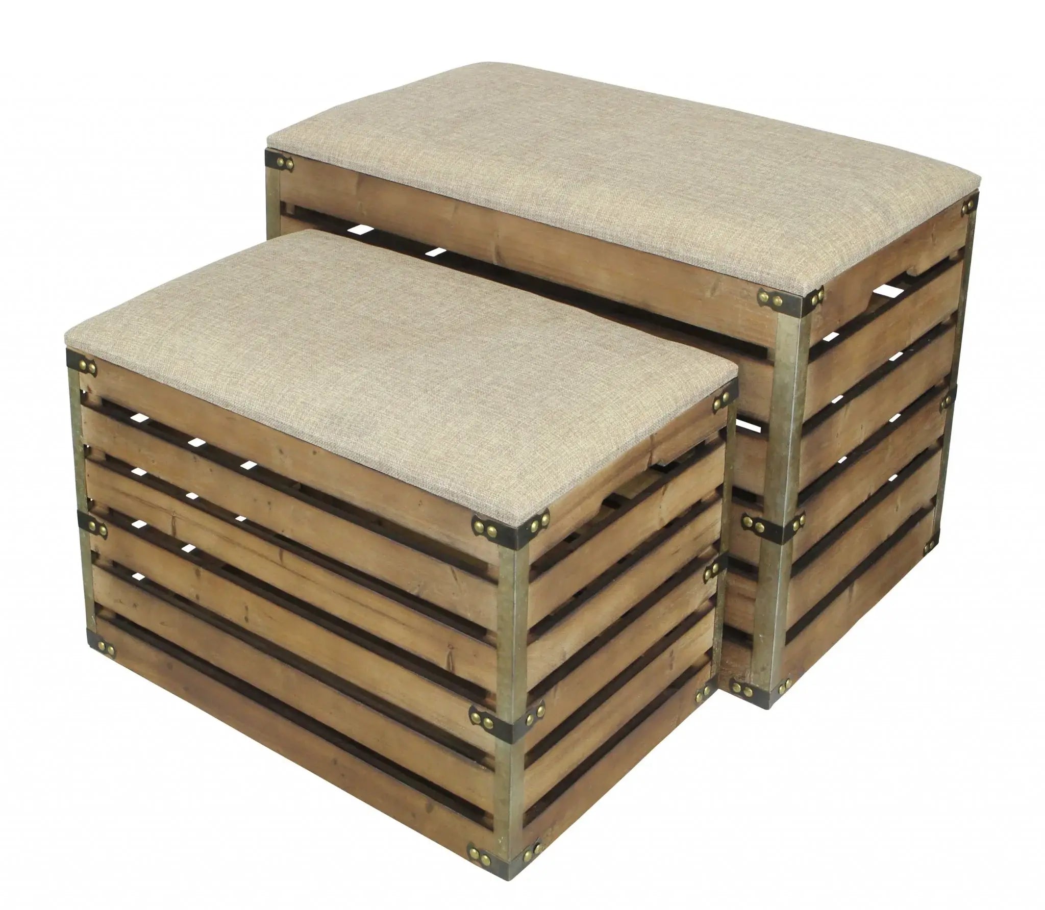 Set of Two Brown Wood Slat and Upholstery Storage Benches With Flip Top - Homeroots - Flyclothing LLC