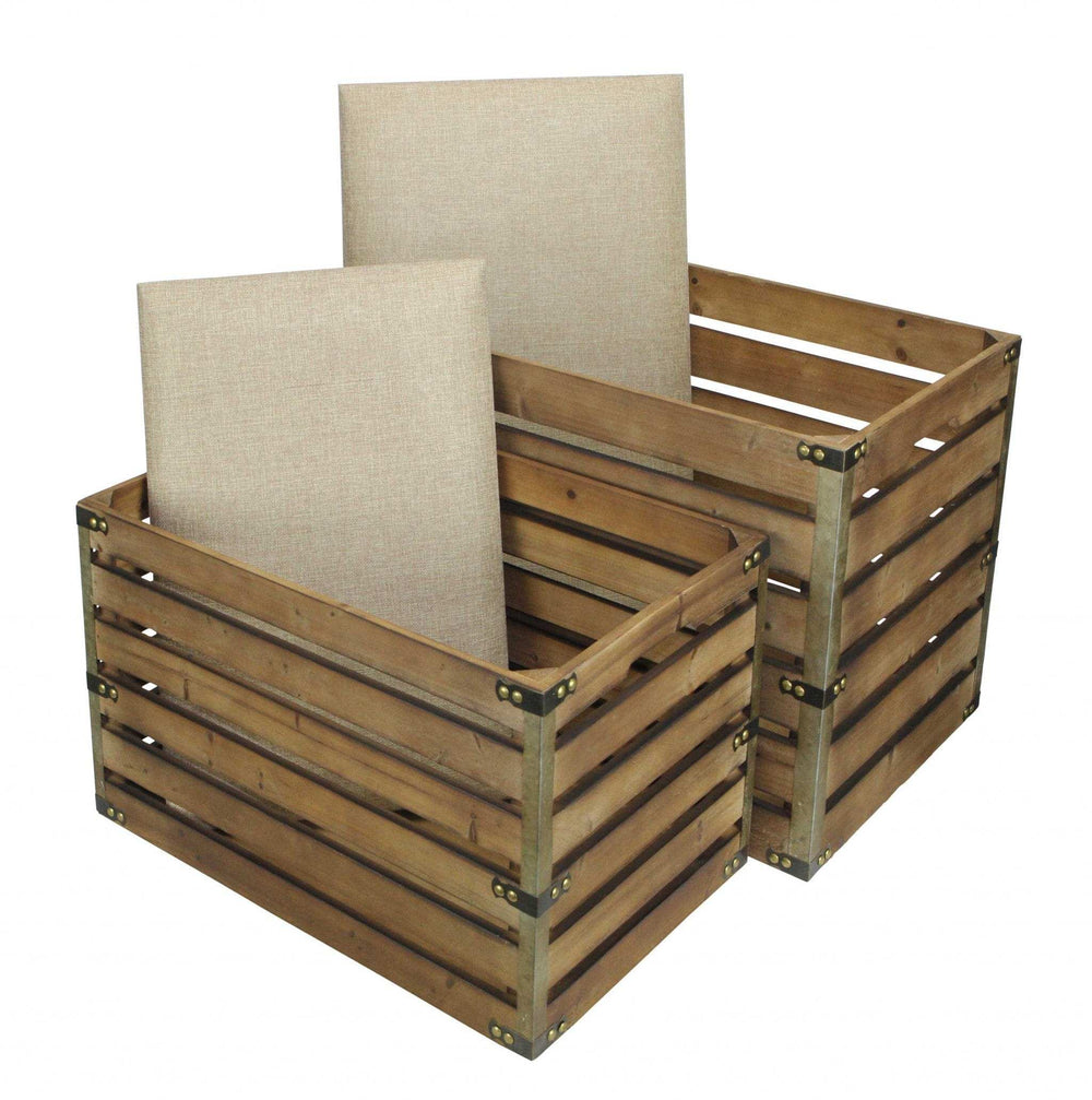 Set of Two Brown Wood Slat and Upholstery Storage Benches With Flip Top - Homeroots - Flyclothing LLC