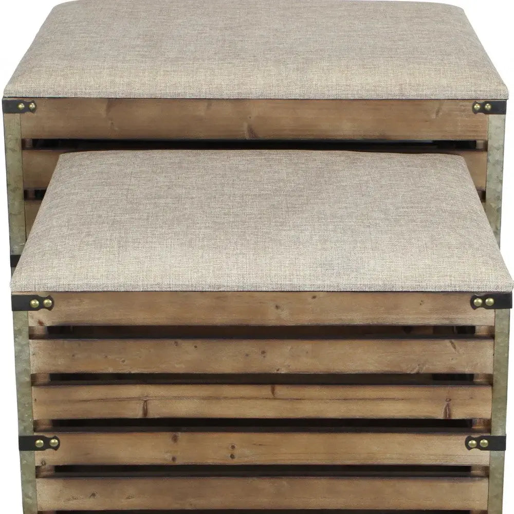 Set of Two Brown Wood Slat and Upholstery Storage Benches With Flip Top - Homeroots - Flyclothing LLC