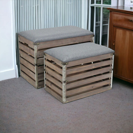 Set Of 2 Rectangular Gray Linen Fabric And Wood Slats Storage Benches - Homeroots