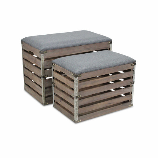 Set Of 2 Rectangular Gray Linen Fabric And Wood Slats Storage Benches - Homeroots