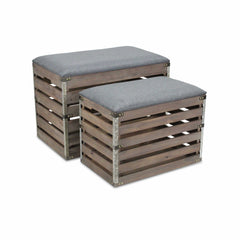 Set Of 2 Rectangular Gray Linen Fabric And Wood Slats Storage Benches - Homeroots
