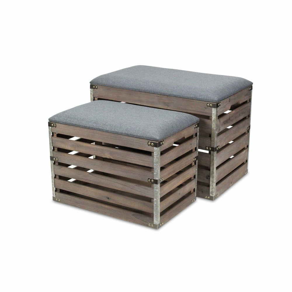 Set Of 2 Rectangular Gray Linen Fabric And Wood Slats Storage Benches - Homeroots - Flyclothing LLC