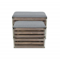 Set Of 2 Rectangular Gray Linen Fabric And Wood Slats Storage Benches - Homeroots