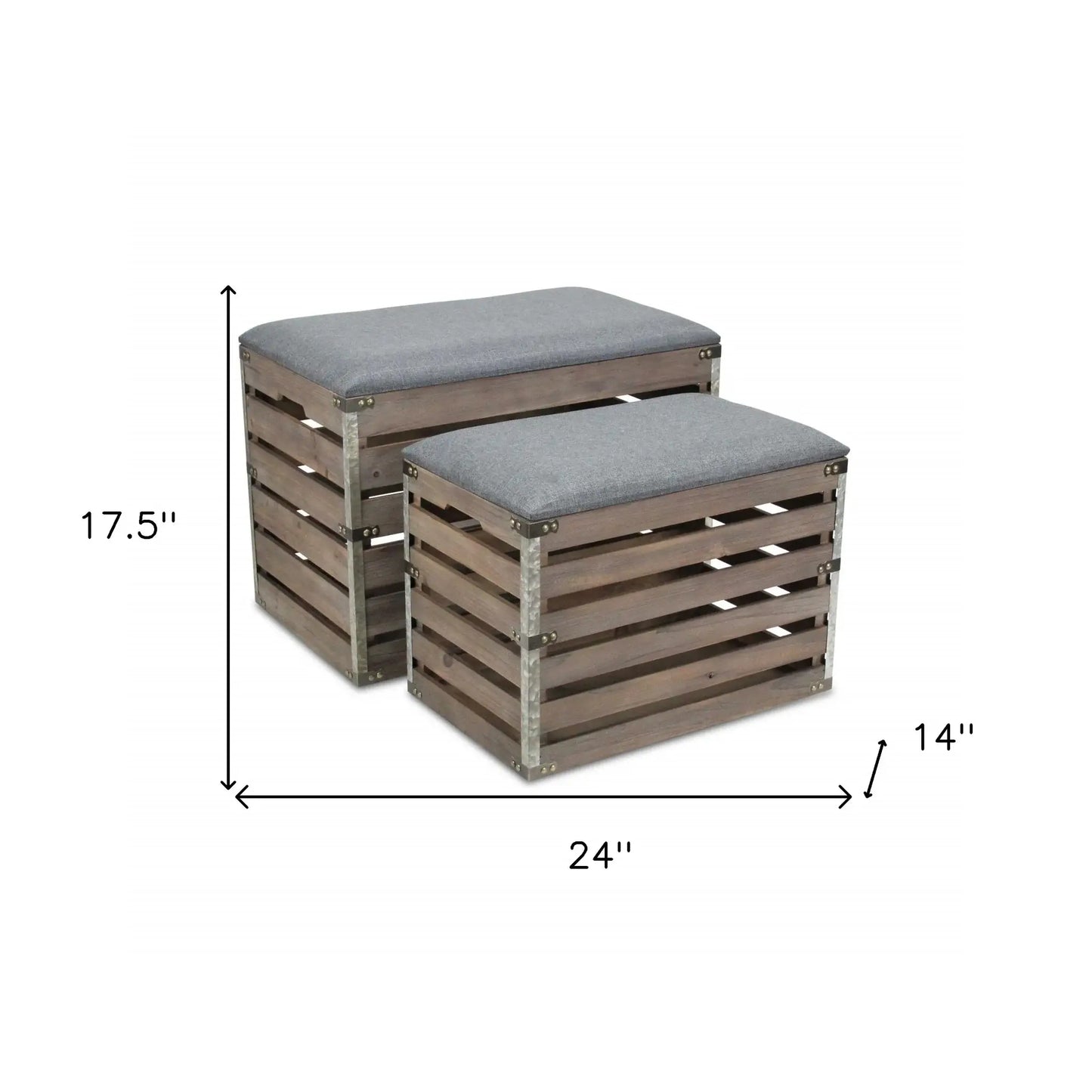 Set Of 2 Rectangular Gray Linen Fabric And Wood Slats Storage Benches - Homeroots - Flyclothing LLC