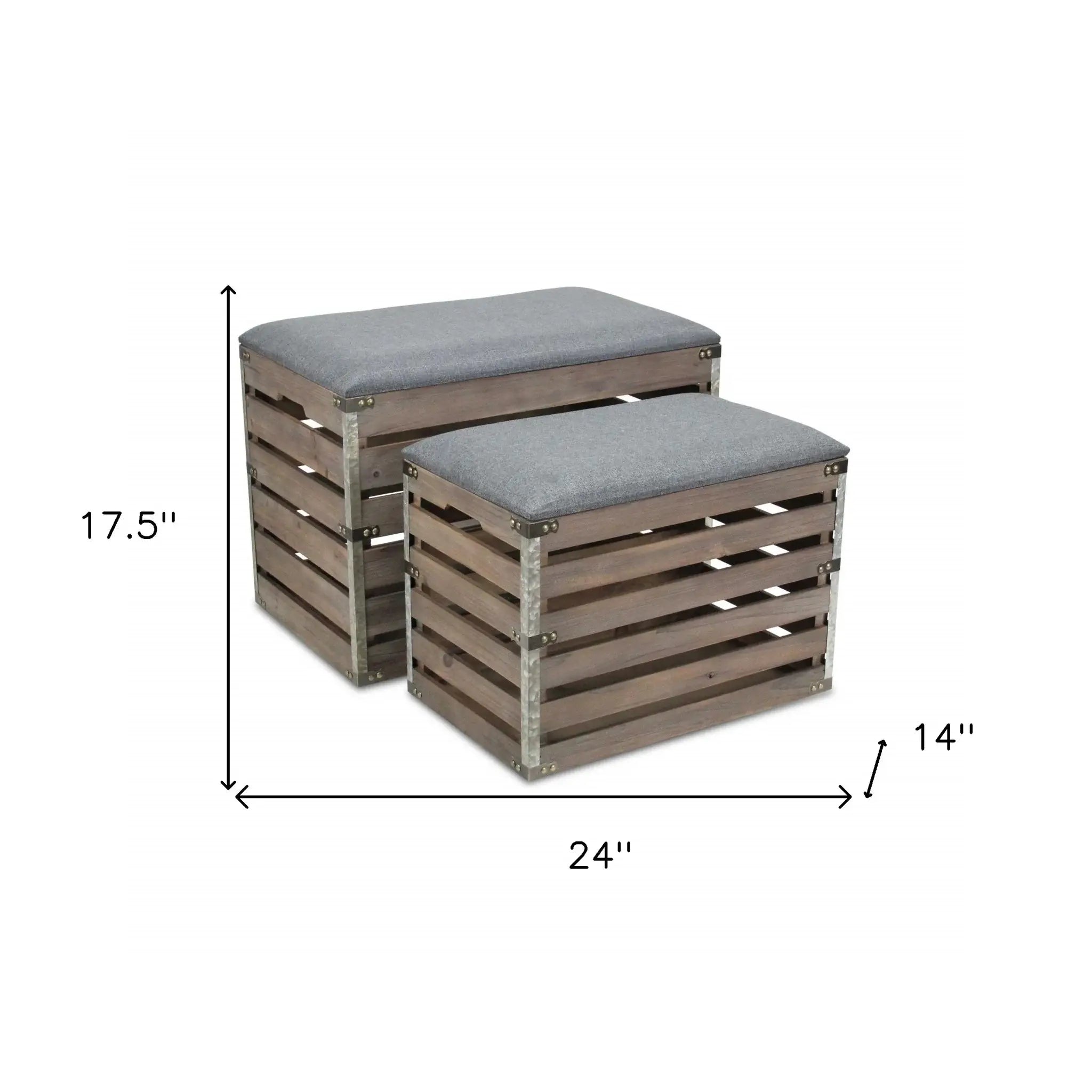 Set Of 2 Rectangular Gray Linen Fabric And Wood Slats Storage Benches - Homeroots - Flyclothing LLC