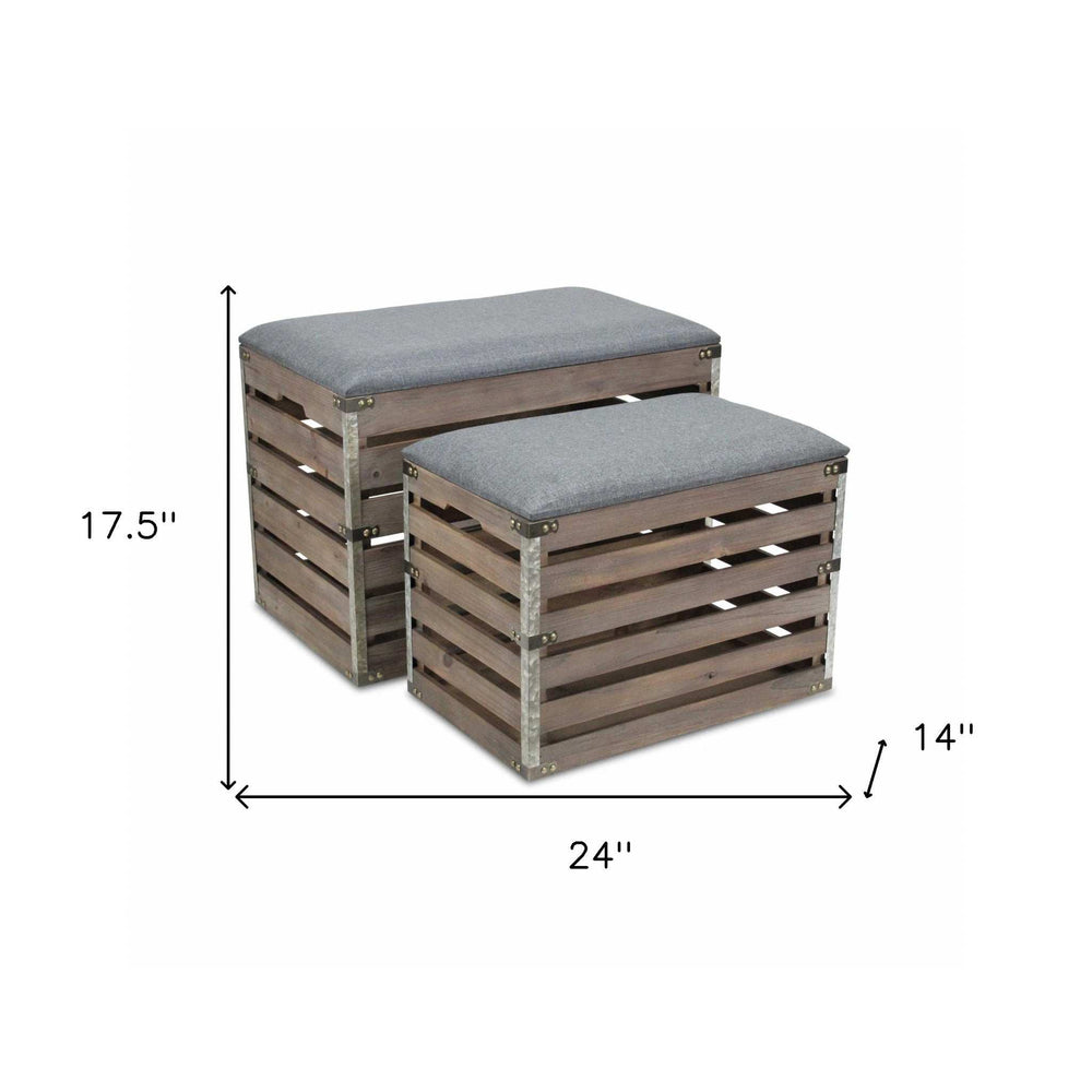 Set Of 2 Rectangular Gray Linen Fabric And Wood Slats Storage Benches - Homeroots - Flyclothing LLC