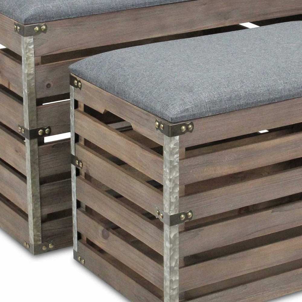 Set Of 2 Rectangular Gray Linen Fabric And Wood Slats Storage Benches - Homeroots - Flyclothing LLC