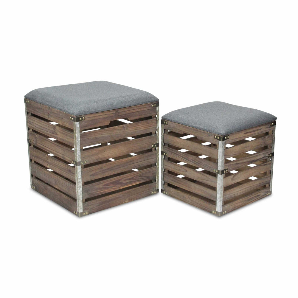 Set Of 2 Square Gray Linen Fabric And Wood Slats Storage Benches - Homeroots - Flyclothing LLC